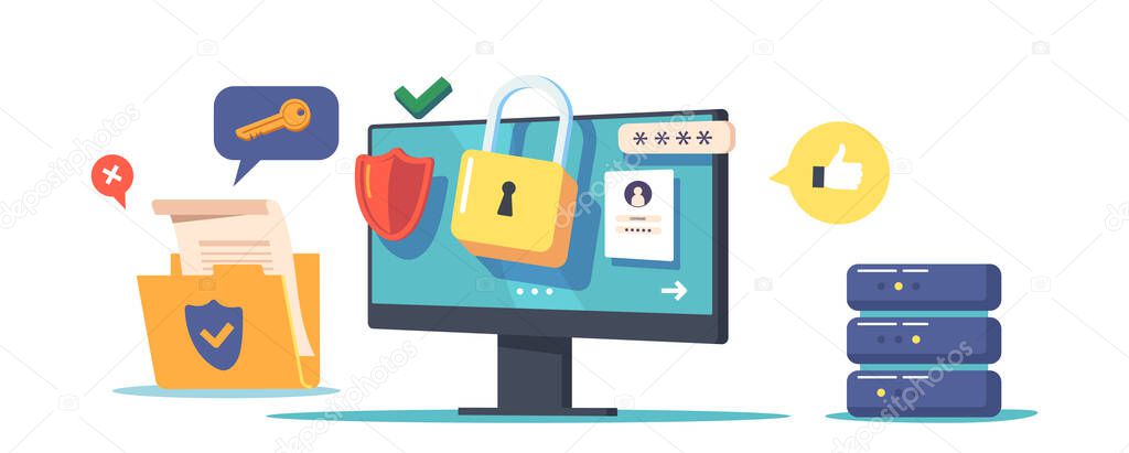Computer Security, Privacy Data Protection in Internet, Virtual Private Network Concept. Pc Desktop with Shield and Lock on Screen, Protected Archive Folder. Cartoon People Vector Illustration