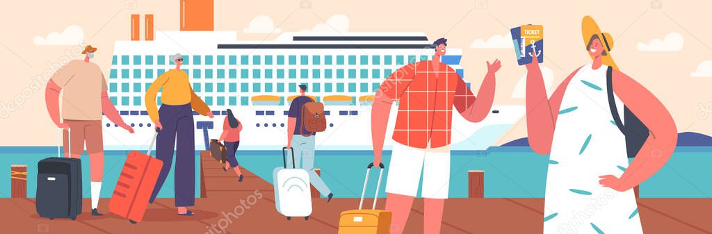 Summertime Vacation Journey On Nautical Passenger Vessel. People Boarding On Cruise Liner Deck with Seascape Nature Background. Characters Summer Relax On Ship In Ocean. Cartoon Vector Illustration