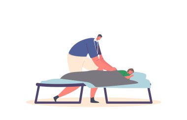 Volunteer Care of Refugee in Shelter Isolated on White Background. Character Cover with Blanket Girl Sleeping on Cot. Helper Assistance and Support in Temporary Residence. Cartoon Vector Illustration