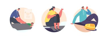 Volunteers Help Refugees in Shelter Isolated Round Icons or Avatars. Characters Sitting on Cots and Floor Mats Getting Care and Support from Helpers in Temporary Residence. Cartoon Vector Illustration