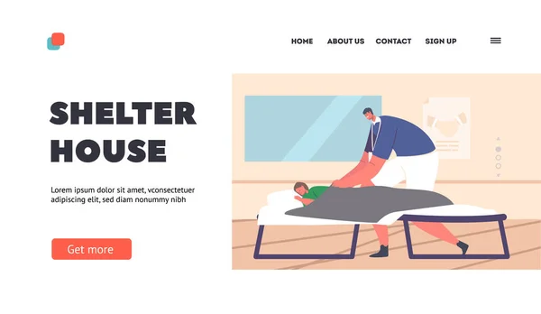 Shelter House Landing Page Template Volunteer Care Refugees Characters Survive — ストックベクタ
