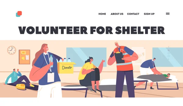 Volunteers Help Refugees Shelter Landing Page Template Characters Sit Cots — Wektor stockowy