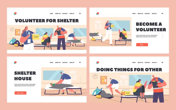 Volunteers Help Refugees Shelter Landing Page Template Set Characters Sit — Stock Vector
