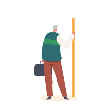 Senior Man Holding Pole in Public Transport Rear View Isolated on White Background. Aged Pensioner Stand in Metro or Bus, Elderly Character Riding Commuter. Cartoon People Vector Illustration