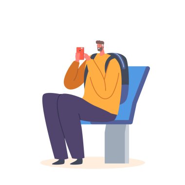 Mature Bearded Man with Mobile Phone Sitting on Chair in Metro or Bus. Smiling Male Character Communicate in Networks by Smartphone Isolated on White Background. Cartoon Vector Illustration