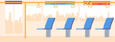 Bus Empty Interior with Glass Door, Seats, Handles, Pole and Large Windows with Cityscape View, Public City Transport, Commuter Salon Design. Cartoon Vector Illustration