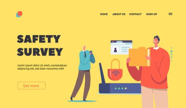 Data Protection, Safety Survey Landing Page Template. Male Characters with Folder and Smartphone near Wifi Router. Security or Privacy in Internet, Secure Account Access. Cartoon Vector Illustration