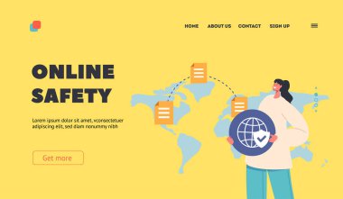 Online Safety Landing Page Template. Female Character Holding Symbol of Globe with Shield on World Map Background. Protecting from Cyber Attack, Antivirus Defense. Cartoon People Vector Illustration