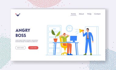 Angry Boss Landing Page Template. Furious Character Yelling to Megaphone on Anxious Employee Sitting at Desk. Office Worker in Deadline Situation, Businessman Hurry. Cartoon People Vector Illustration