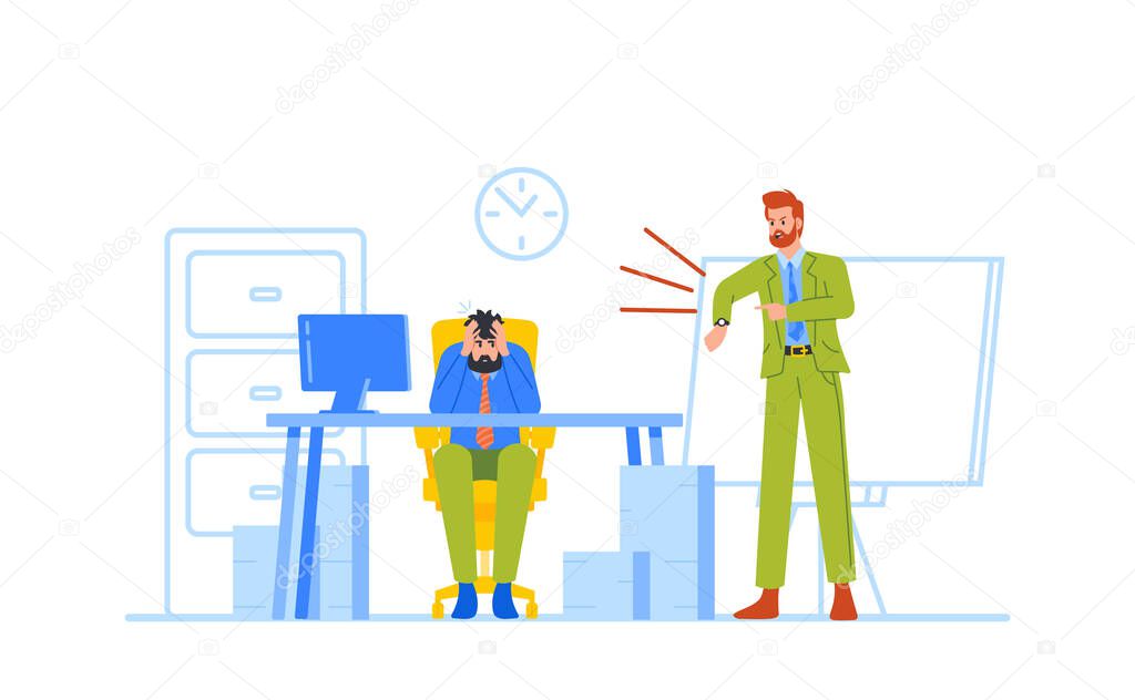 Business Failure, Stress, Deadline and Frustration Business Concept. Tired Stressed Worker Sitting at Office Desk Holding Head and Angry Boss Reminds of Time Loss. Cartoon Vector Illustration