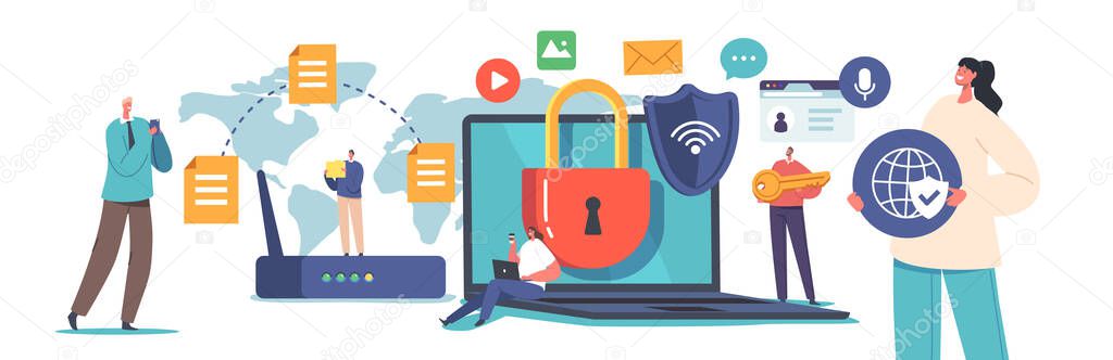 Internet Safety, Computer Security, Privacy, Data Protection, Virtual Private Network Concept. Tiny Characters around of Huge Laptop with Shield and Lock on Screen. Cartoon People Vector Illustration