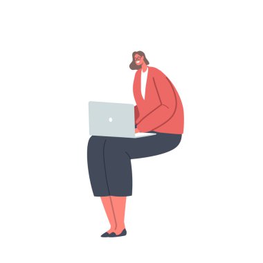 Laptop 'taki Kadın Karakter Çalışması Beyaz Arkaplanda İzole Edildi. Kadın Freelancer, Ofis Yöneticisi veya Bilgisayar Öğrencisi, Film İzleme, Uzaklık Eğitimi, İletişim. Çizgi film Vektör İllüstrasyonu