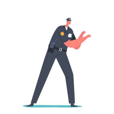 Polis memuru beyaz arka planda izole edildi. Polis ya da Karakter Üniforması, Güvenlik, Profesyonel Muhafız, Devriye Kişiliği Savunma Kanunu. Çizgi film İnsanları Vektör İllüstrasyonu