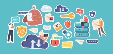 Çıkartma Bulut Veri Güvenliği. İnternet Güvenlik, Mahremiyet, Bilgisayar Koruma, Sanal Özel Ağ. Dizüstü bilgisayarı, kalkanı ve kilidi olan karakterler, sunucu rafı, anahtar, dişliler. Çizgi film Vektör Yamaları