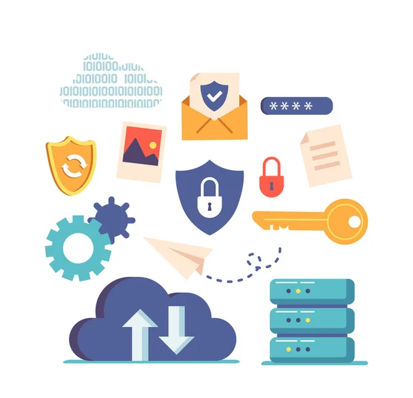 Set Dari Icons Cloud Data Safety Perlindungan Informasi Dan Synchronization - Stok Vektor