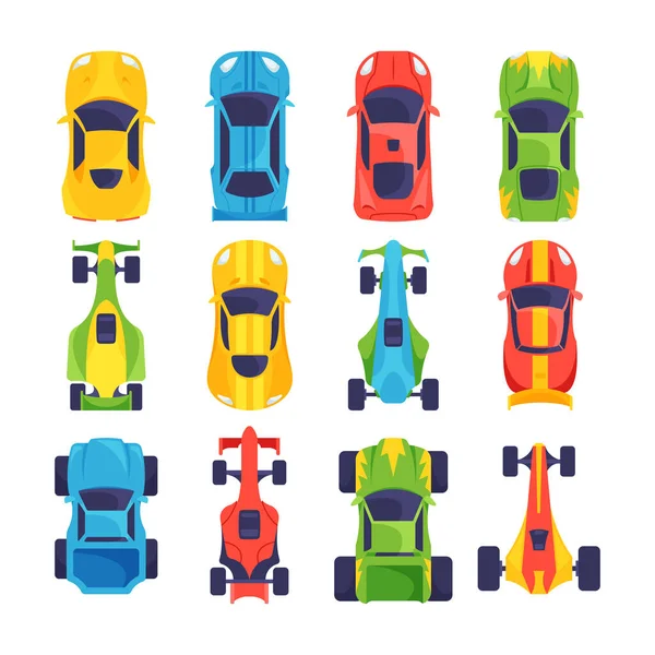 Set of Racing Cars, Modern Extreme Motorsport Transportation Isolated on White Background. Sport Automobiles Top View, Colorful Fast Transportat for Races Competitions. Cartoon Vector Illustration