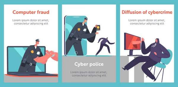 Karikatury Kybernetické Policie Policista Charakter Chytání Lupiče Přes Počítač Nebo — Stockový vektor