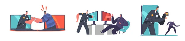 Siber Polis Konsepti Polis Karakteri Soyguncuyu Bilgisayar Akıllı Telefon Ekranıyla — Stok Vektör