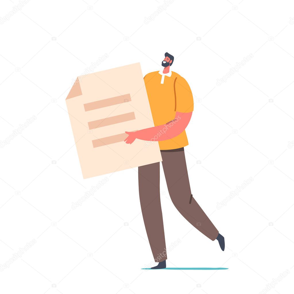 Male Character with File Isolated on White Background. Manager, Office Employee, Clerk, Businessman with Confident Document, Information Data, Paper Sheet. Cartoon Vector Illustration