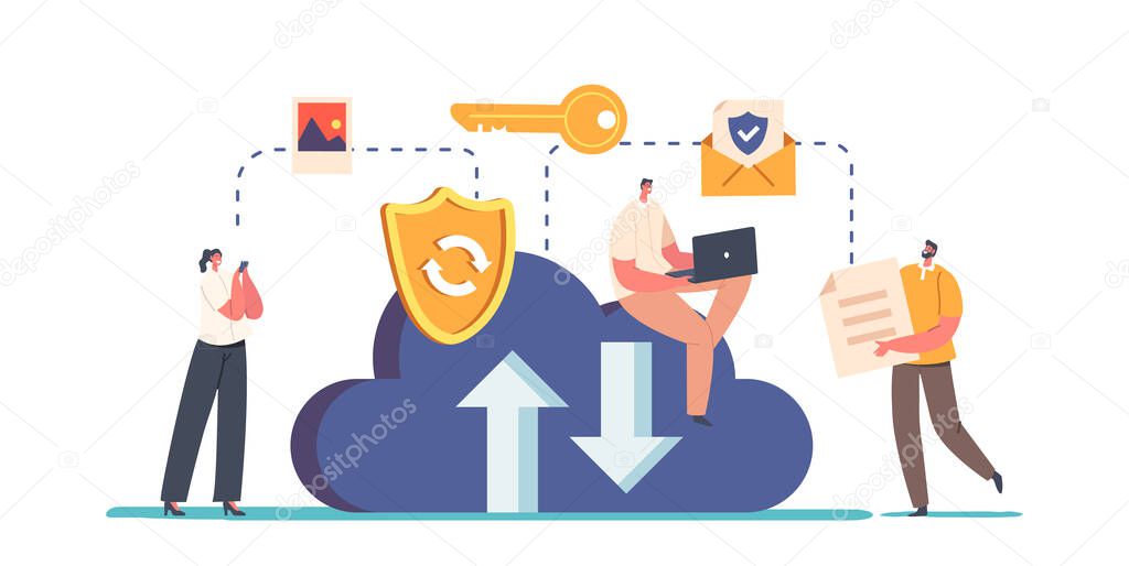 Data Storage, Synchronization, Recovery and Concept. Characters Restore Media Files into Cloud Storage on Virtual Server. Internet Technologies, Information Backup. Cartoon Vector Illustration