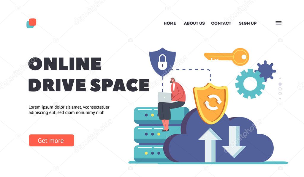 Online Drive Space Landing Page Template. Characters Restore Media Files into Cloud Data Storage on Virtual Server. Internet Technologies, Information Backup, Recovery. Cartoon Vector Illustration