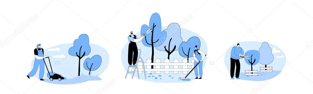 Set of Happy Characters Working in Summer Garden. Men and Women Gardeners Mowing Lawn, Raking Ground, Trimming Plants and Trees in Orchard. Gardening Hobby or Occupation. Cartoon Vector Illustration