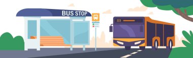 Booth ve Bench 'le Bust Stop, Şehir Arkaplanı' nda Otobus Sürüşü. Umumi Yolcu Taşımacılık Hizmetleri Konsepti. Çizgi film Vektör İllüstrasyonu
