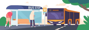 Otobüs İstasyonu 'ndaki insanlar, YaşIı Erkek ve Kadın Yolcu Karakterleri Şehir Manzarası' nda Yolcu Taşımacılığını Bekliyor. Toplu Taşımacılık Hizmetleri, Şehir Taşımacılığı. Çizgi film Vektör İllüstrasyonu
