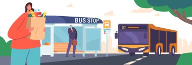 Otobüs durağında bekleyenler, market sahibi kadın ve iş adamı karakterleri şehir dışındaki banliyö istasyonunda. Yolcular Toplu Taşıma Servisi. Çizgi film Vektör İllüstrasyonu