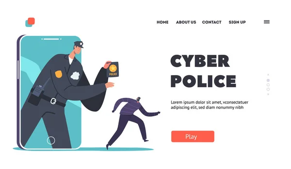 Cyber Police Landing Page Template Beamter Auf Smartphone Bildschirm Fängt — Stockvektor