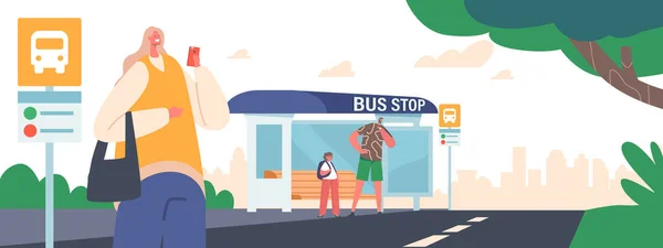 Ludzie Dworzec Autobusowy Uczennica Mężczyzna Kobieta Postacie Czeka Dojeżdżający Transport — Wektor stockowy