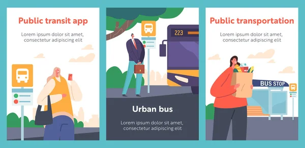 Emberek Buszpályaudvaron Cartoon Banners Karakterek Vár Commuter Transport Városi Táj — Stock Vector