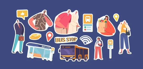 Set Stickers People Bus Stop Characters Waiting Commuter Transport Сайті — стоковий вектор