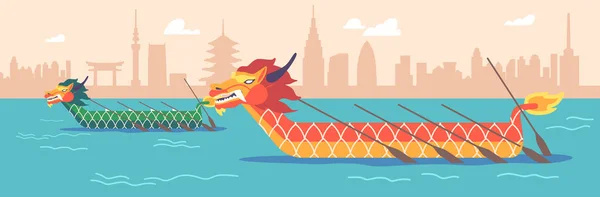 Dragon Boats Paddles Sian Tradycyjny Kajak Stawie Wodnym Kajakarstwo Rafting — Wektor stockowy