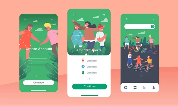 Kindliche Sports Mobile App Seite Onboard Screen Template Kinder Jungen — Stockvektor