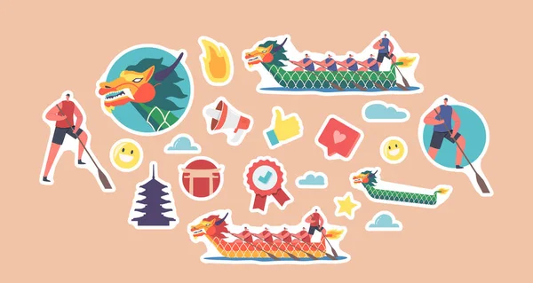 Set Stickers Sportsmen Rowing Boat Dragon Oriental Festival Sport Competition — Stock Vector