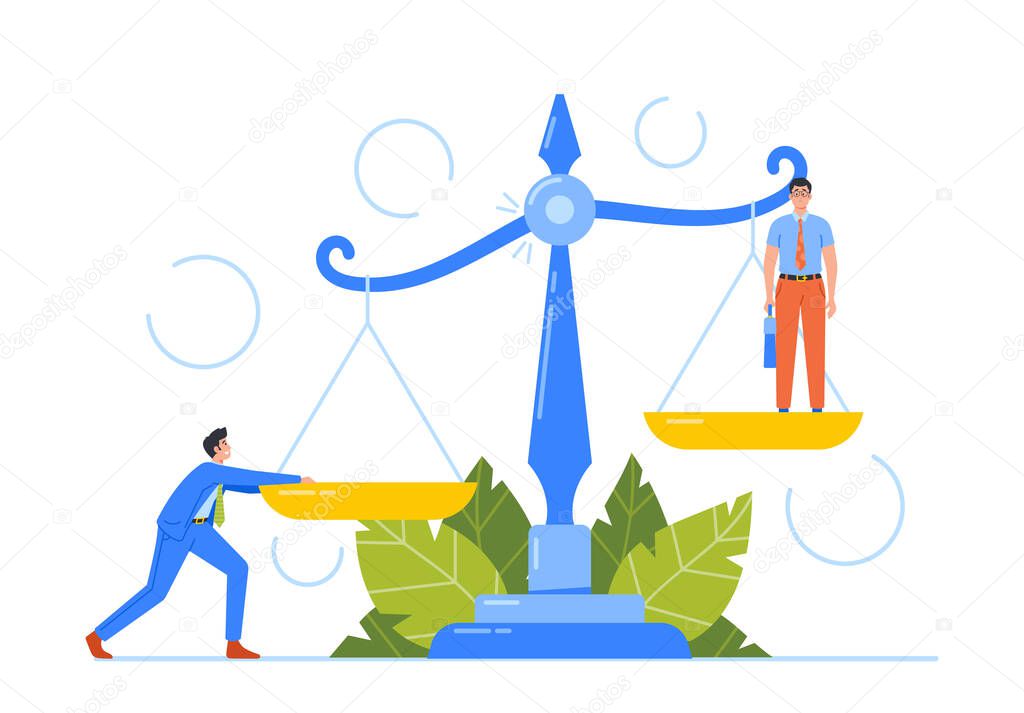 Rights, Inequality, Discrimination, Salary Imbalance Business Concept. Businessman, Manager or Clerk Characters Stand on Scales with Different Level. Cartoon People Vector Illustration
