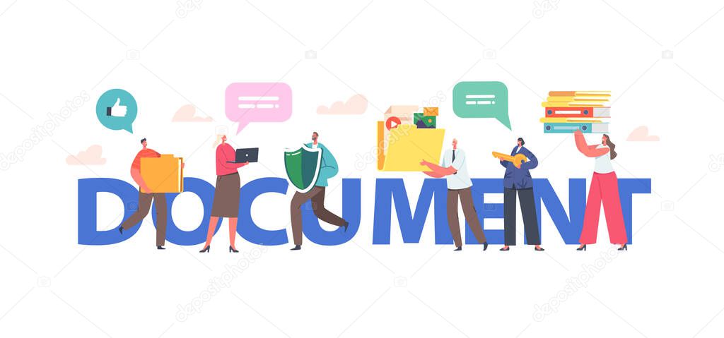 Documents, Office Work Concept. Male and Female Characters with Folders, Archive Docs, Papers. Notary Service, Office People Signing Documentation Poster, Banner or Flyer. Cartoon Vector Illustration