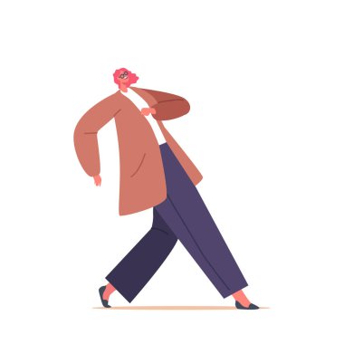 Gülümseyen yüzlü, şık, pozitif kadın yürüyüşü. Kız Moda Giyimi Kahverengi Ceket, Geniş Pantolon ve Ayakkabı Giyiyor. Modern Gündelik Giysilerde Genç Kadın Karakteri. Çizgi film İnsanları Vektör İllüstrasyonu