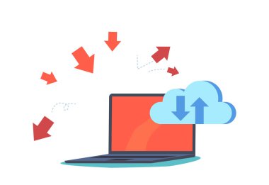 Bulut Depolama, Hacker ve Ddos Saldırı Tehdit Konsepti Kırmızı Oklar ve Bulut Dijital Veri Uygulaması, Ağ Hesaplama Teknolojileri altında dizüstü bilgisayarla. Çizgi film Vektör İllüstrasyonu