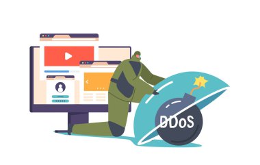 Siber Güvenlik, Ddos Koruma, Gizlilik Konsepti. Koruyucu Kubbe 'yle korunan koruyucu giysi giyen kişi. Bilgi ya da Ağ Koruma Teknolojisi Web Servisi. Çizgi film Vektör İllüstrasyonu