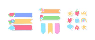 Çocuklar için Çizgi Romanlar, Sevimli Renkli Çıkartmalar, Kurşun Günlük Çerçeveleri, Notlar, Günlük Takvimi Elementleri. Mesaj Sınırı, Şirin bir Not Defteri Planlayıcısı. Vektör Resimleri, Ayarla