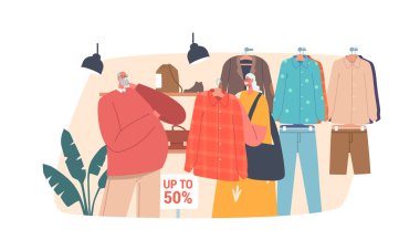 Üst düzey Alışveriş Komitesi Moda Markası Giysileri Satın Aldı. Mutlu Adam ve Kadın Alışveriş Zamanı. Yaşlanmış Karakterler Alışveriş Eğlencesi, Mevsimsel İndirim, İndirim. Çizgi film İnsanları Vektör İllüstrasyonu