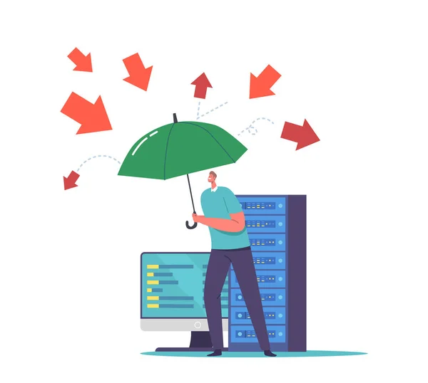 Man Met Paraplu Bescherm Computer Tegen Virus Hacker Attack Bescherm — Stockvector