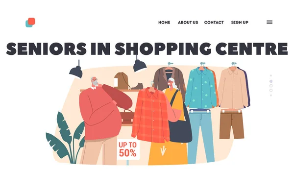 Seniors Shopping Center Landing Page Template Inglés Shopaholic Pareja Comprar — Vector de stock