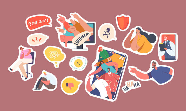 Set of Stickers Cyberbullying Network Abuse and Harassment. Cyber Bullying Problem. Haters on Computer or Smartphone Screen Internet Blaming Female Character in Internet. Cartoon Vector Patches