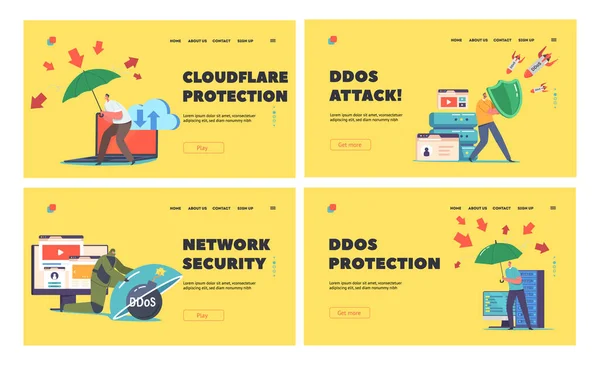 Ddos Protection サイバーセキュリティ および安全データランディングページテンプレートセット シールドとアンブレラを持つ人々は ウイルスやハッカーの攻撃からネットワークとオンラインサーバーを保護します 漫画ベクターイラスト — ストックベクタ