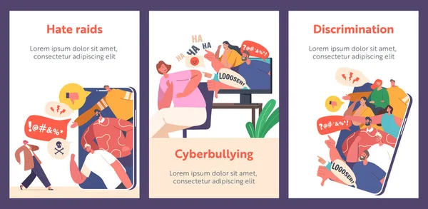 Cyberbullying Network Abuse Harassment Bannières Bande Dessinée Problème Cyberintimidation Haters — Image vectorielle