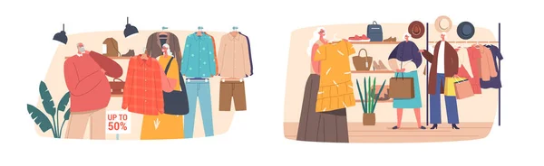 Yaşlılar Mağazada Moda Giysisi Seçiyor Yaşlı Adam Kadın Elbiseleriyle Askıda — Stok Vektör
