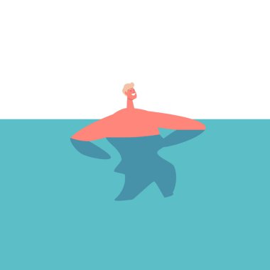 Mutlu Erkek Karakter Rahatlaması, Havuzda, Okyanusta ya da Denizde Yüzme Yaz Tatilinin, Tatilin, Tatilin ya da Otelin Keyifli Günleri. Mavi Sudaki Genç Adam. Vektör İllüstrasyonu